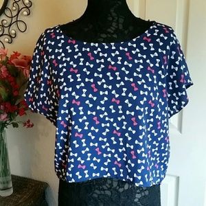 H&M Blue Bow Cropped Top Size 12 Button Back